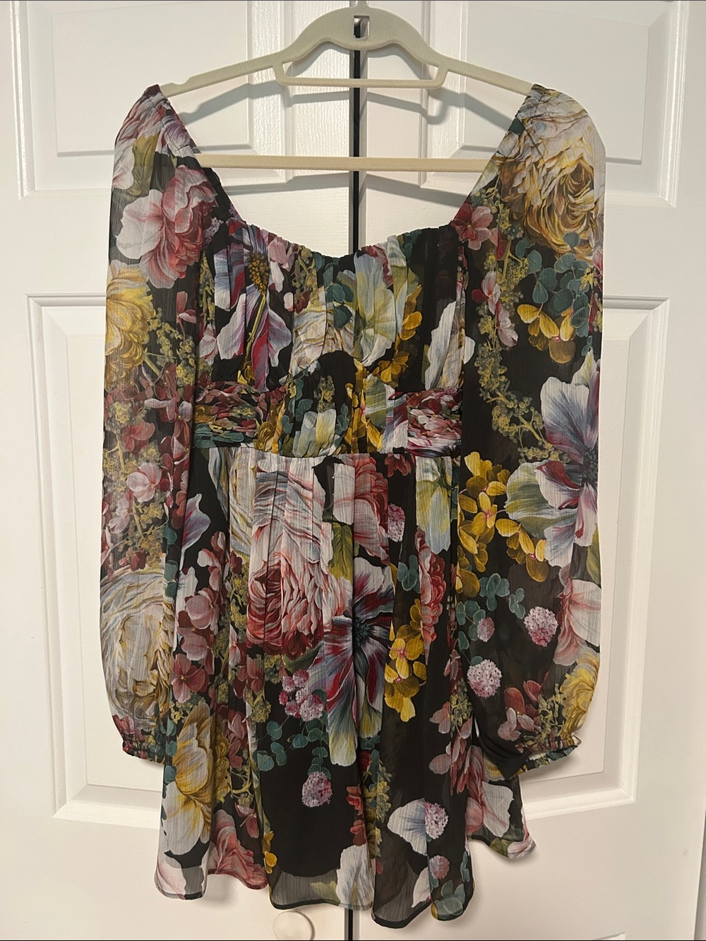 Express Black Floral Off-Shoulder Sheer Tunic with Multicolor Blooms